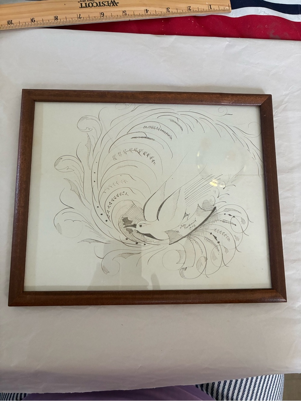 Framed Dove Wall Art in Warm Brown Wood Finish